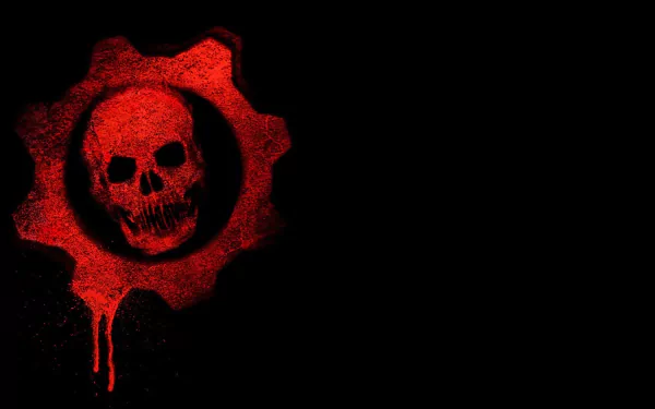 HD PC desktop wallpaper featuring the iconic red cogwheel skull emblem from the video game Gears of War against a black background.