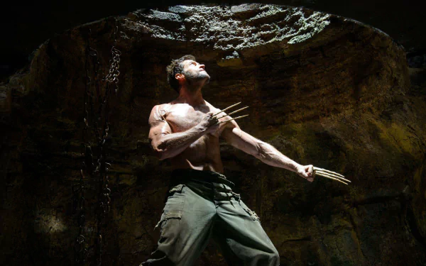 Hugh Jackman as Wolverine, showcasing his iconic claws in a dramatic scene from The Wolverine, set against a dark, cavernous backdrop. HD desktop wallpaper.