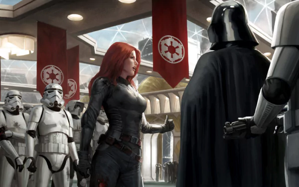 Mara Jade confronts Darth Vader, flanked by stormtroopers in a dynamic Star Wars scene. This HD wallpaper immerses you in the epic sci-fi universe.