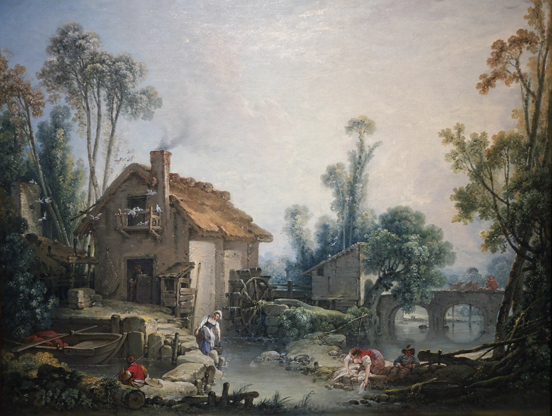 Painting of a man-made watermill by a stream with villagers and a stone bridge — 2K Quad HD PC desktop wallpaper and background.