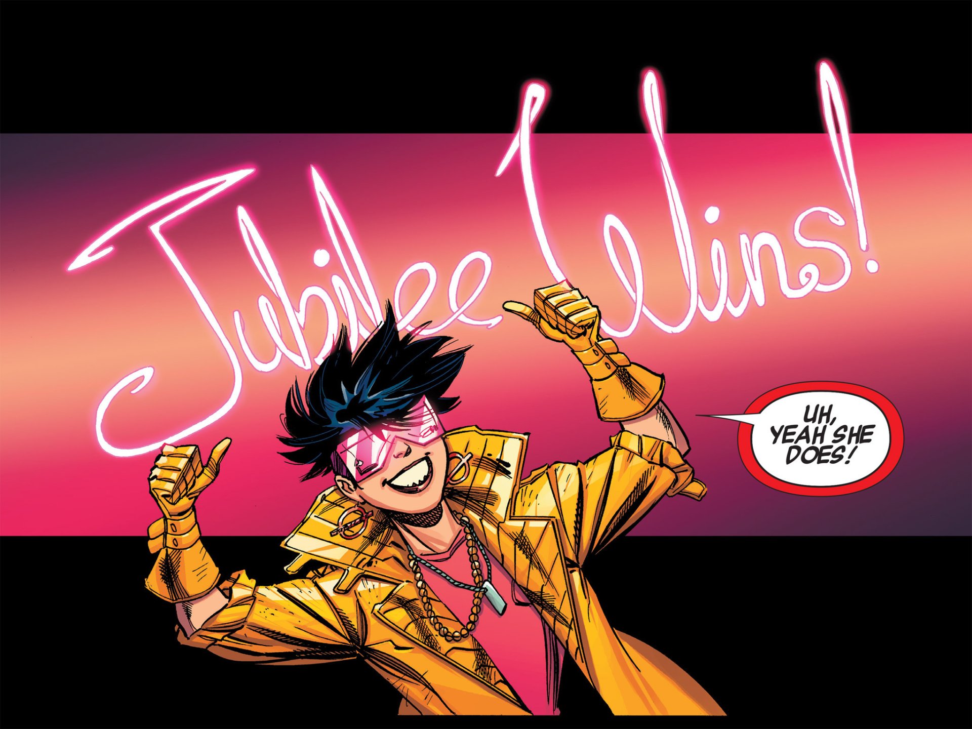 Comic HD PC desktop wallpaper and background of Jubilee (Marvel Comics) cheering in pink shades and a yellow jacket, neon Jubilee wins! over a pink-orange gradient.