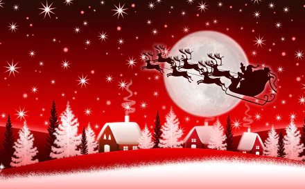 A festive scene featuring reindeer pulling a sleigh across a snowy landscape, under a bright moon, surrounded by charming houses and twinkling stars, capturing the essence of Christmas.