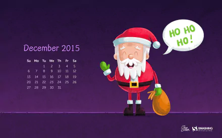 HD PC desktop wallpaper featuring a December 2015 calendar and a cheerful Santa Claus holding a sack, celebrating the Christmas holiday with a Ho Ho Ho! speech bubble.