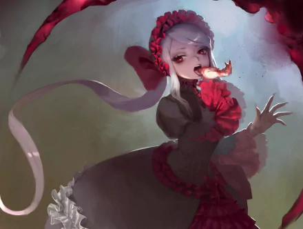 HD desktop wallpaper featuring Shalltear Bloodfallen from the anime Overlord. The character, adorned in an elaborate outfit with red accents, stands against a muted background, evoking a mystical atmosphere.