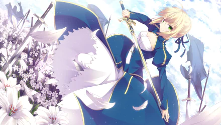 A vibrant HD background featuring Saber from the Fate Series, showcasing her iconic armor and sword amid a serene landscape adorned with flowers and floating petals.
