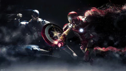 HD wallpaper featuring Iron Man and Captain America clashing in an intense battle from the movie Captain America: Civil War.