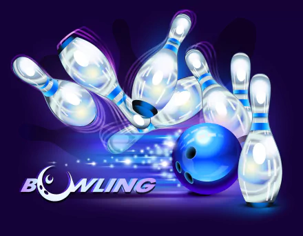 HD PC desktop wallpaper featuring a dynamic bowling scene with a blue ball striking pins against a vibrant, glowing background highlighting the sport of bowling.