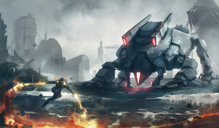 HD PC desktop wallpaper depicting a sci-fi battle between a heavily armed soldier and a large robotic mech in a dystopian, smoky battlefield.