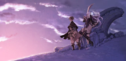 HD PC desktop wallpaper featuring characters from the video game Bravely Second: End Layer standing on a snowy cliff under a purple sky at sunset.