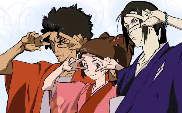 Three characters from Samurai Champloo pose playfully, showcasing their unique styles against a soft background. This vibrant image serves as an engaging HD desktop wallpaper.