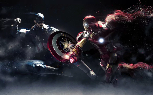 HD wallpaper featuring Iron Man and Captain America clashing in an intense battle from the movie Captain America: Civil War.