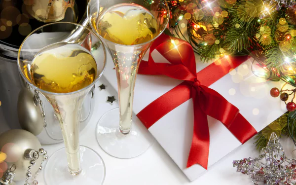 Two elegant champagne glasses filled with bubbly sit beside a beautifully wrapped holiday gift adorned with a red ribbon, set against a festive Christmas backdrop.