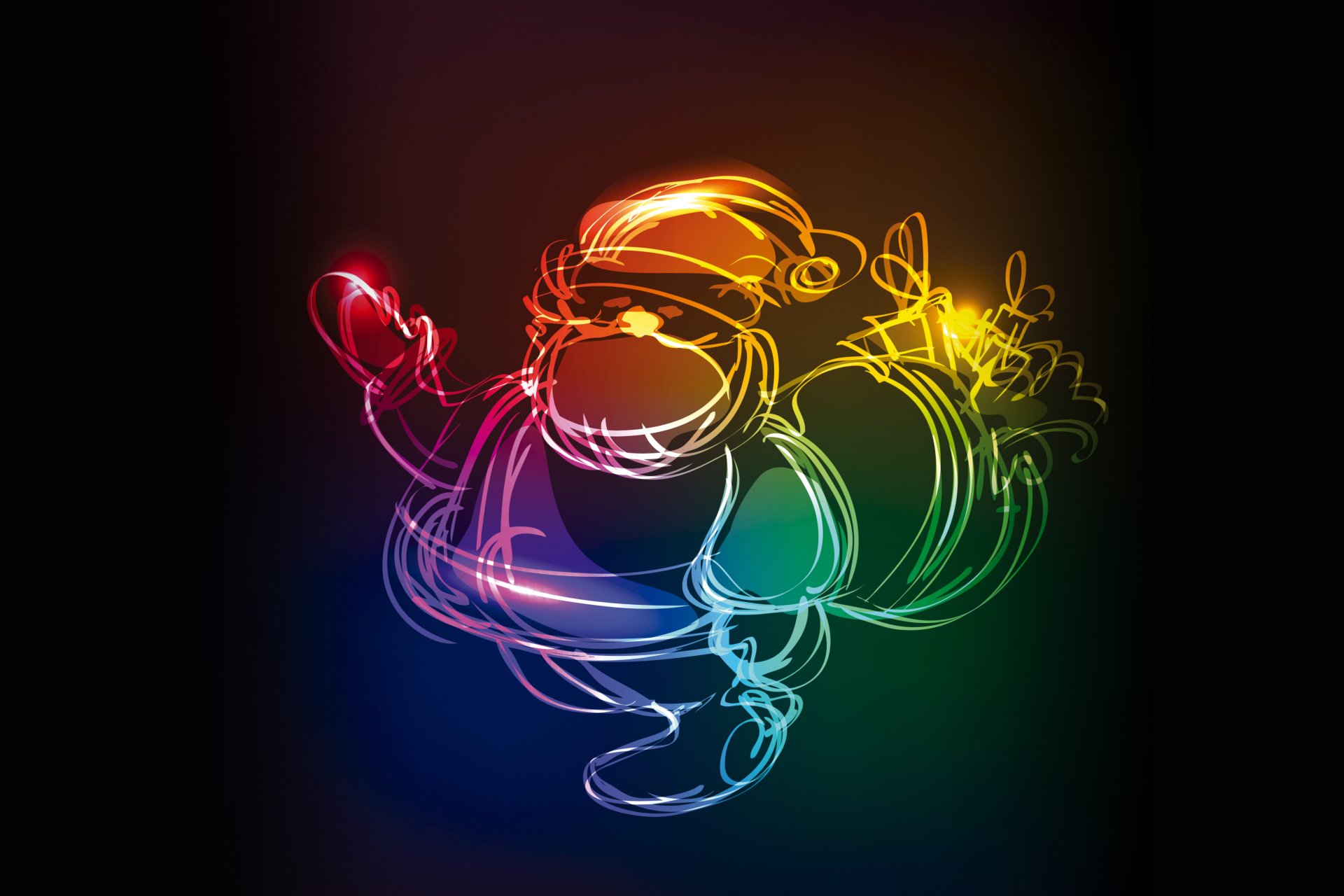Colorful neon line art of Santa Claus carrying a sack, set against a dark background, designed as a 4K Ultra HD holiday Christmas PC desktop wallpaper.