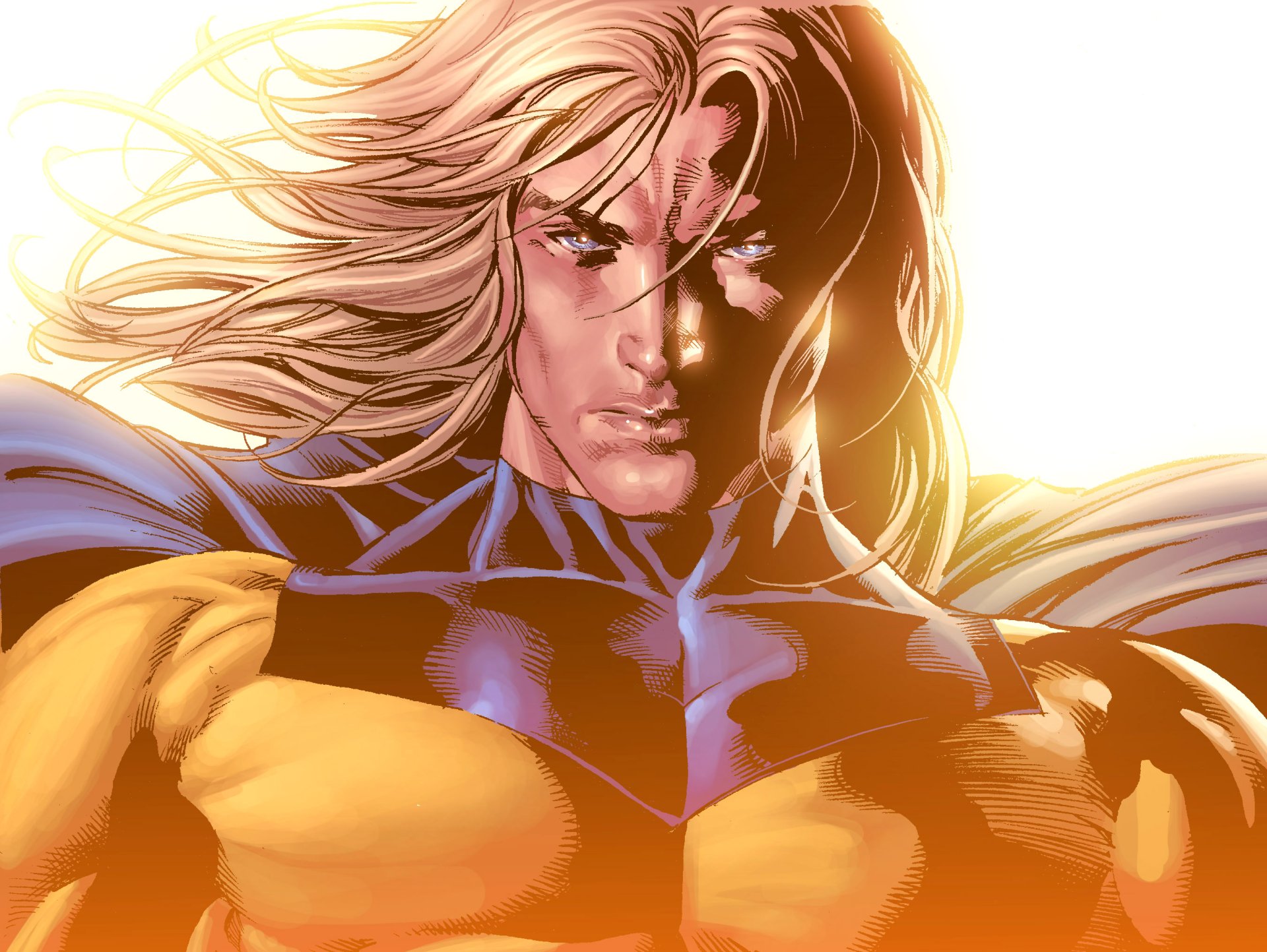 A striking HD desktop wallpaper featuring Sentry from Marvel Comics, showcasing the character's iconic blue and yellow suit with intense expression and dramatic lighting.