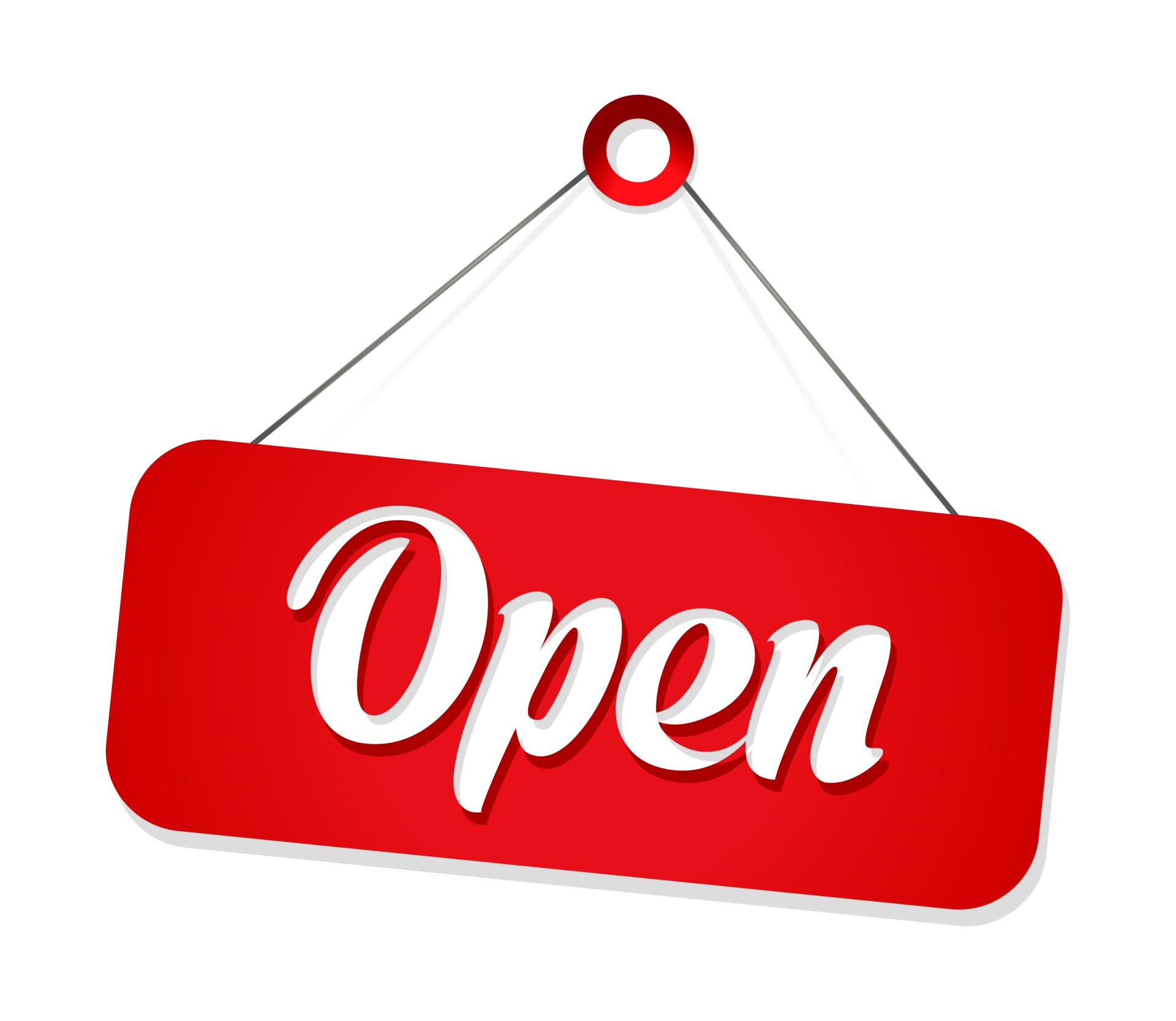 Red hanging sign reading Open on a white background — 2K Quad HD PC desktop wallpaper/background, misc sign.
