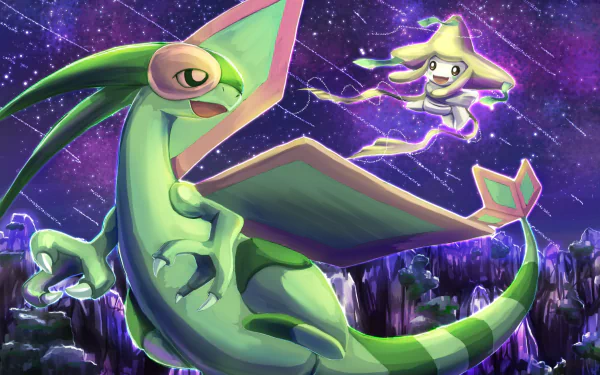 A vibrant HD wallpaper featuring Jirachi and Flygon from Pokémon, set against a cosmic background filled with stars and colorful landscapes.