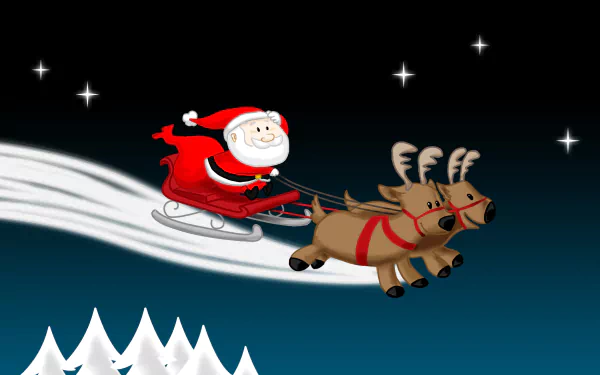 A festive HD wallpaper featuring Santa Claus in a red suit, joyfully riding in a sleigh pulled by reindeer against a starry night sky, capturing the spirit of Christmas.