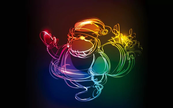 Colorful neon line art of Santa Claus carrying a sack, set against a dark background, designed as a 4K Ultra HD holiday Christmas PC desktop wallpaper.