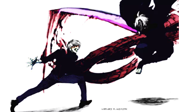 HD wallpaper featuring a dramatic battle between Seidou Takizawa and Haise Sasaki/Ken Kaneki from Tokyo Ghoul:re. The scene shows intense action with blood and Kagune, highlighting their white hair and masked faces.