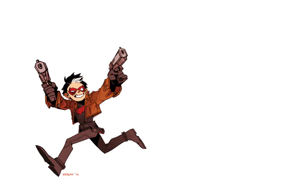 HD PC desktop wallpaper featuring Jason Todd as Red Hood from DC Comics, dynamically drawn in a comic style, wielding dual pistols against a white background.