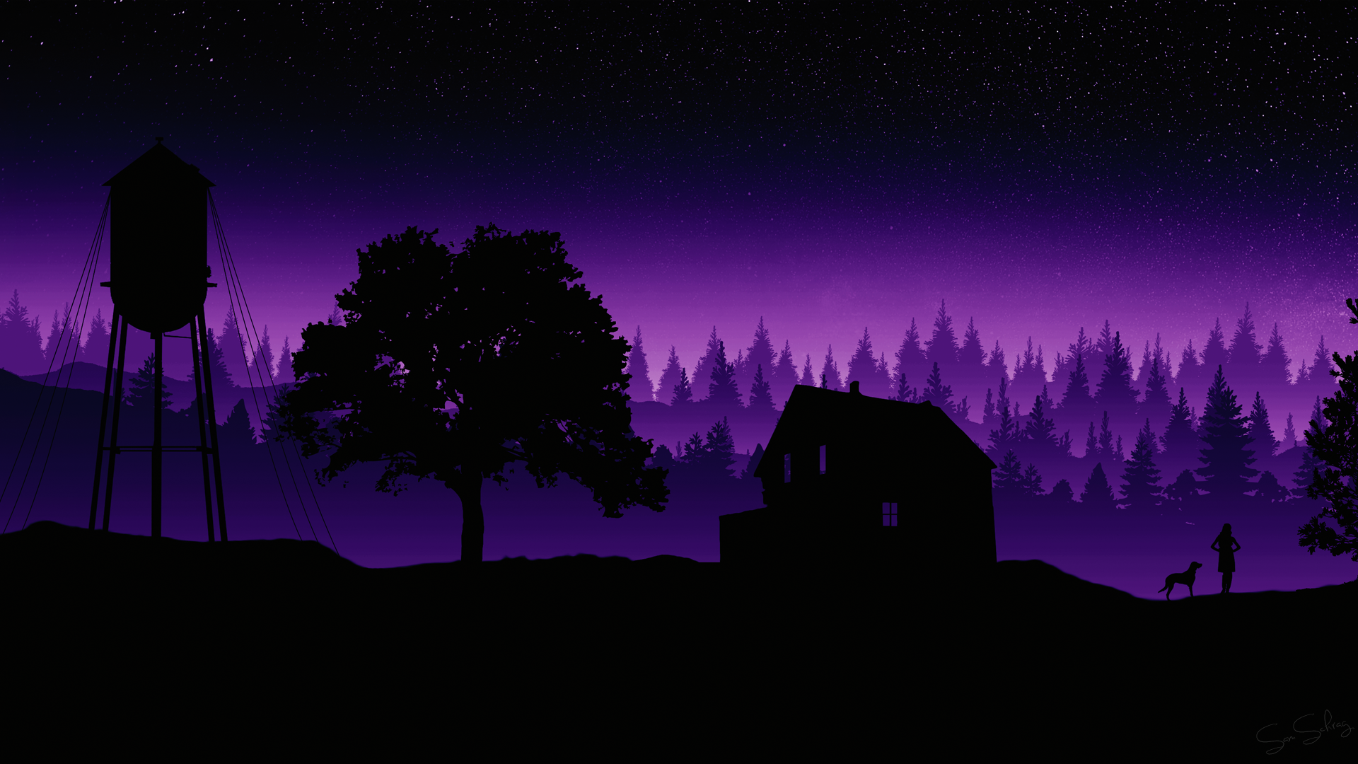 Download Tree Building Starry Sky Forest Artistic Landscape HD Wallpaper