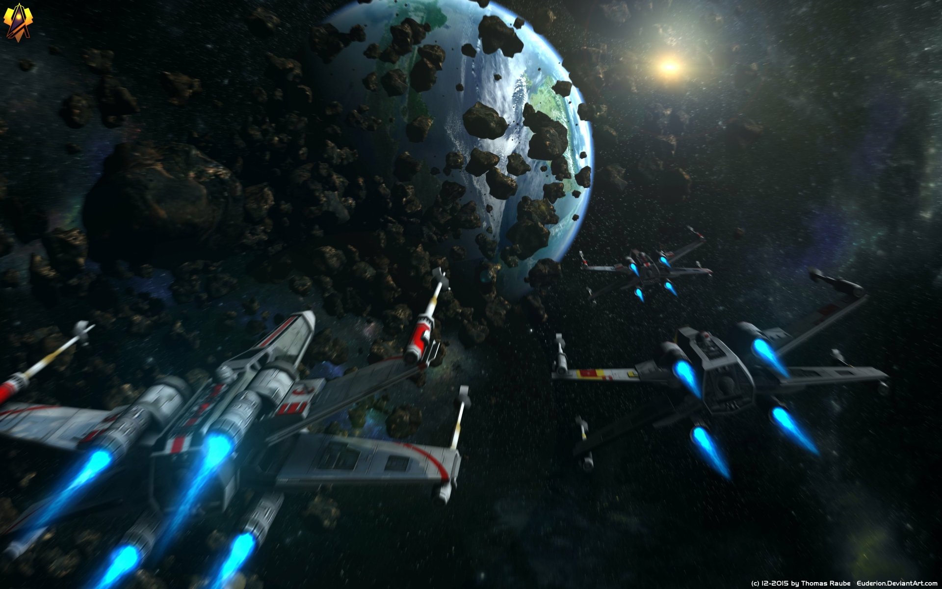 A stunning HD wallpaper depicting futuristic X-Wing starfighters navigating through an asteroid field, set against a vibrant planet and cosmic backdrop inspired by Star Wars.