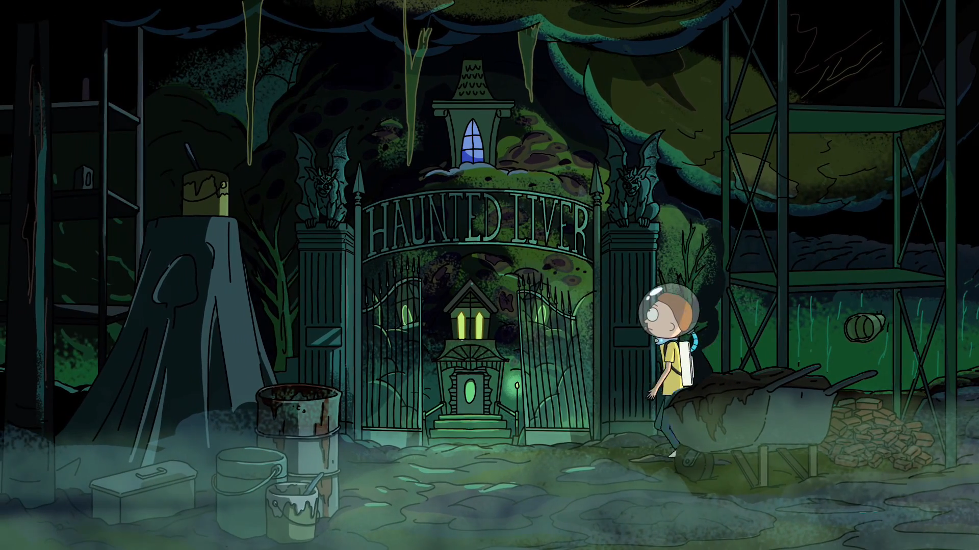 Morty Smith (TV show Rick and Morty) stands nervously before a fog-shrouded gated haunted mansion at night — HD PC desktop wallpaper/background.