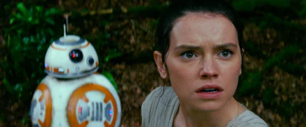 Daisy Ridley as Rey from Star Wars, alongside BB-8, displaying a moment of tension in Star Wars: Episode VII - The Force Awakens. HD desktop wallpaper featuring iconic characters.