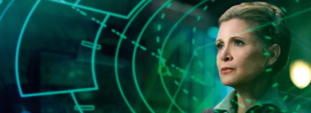 Carrie Fisher as Princess Leia Organa in Star Wars Episode VII: The Force Awakens, featuring a high-tech background and her determined expression, showcased in vibrant 4K Ultra HD.