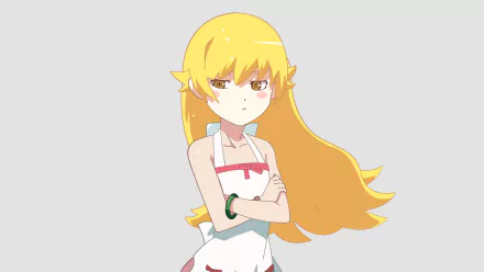 Anime-style wallpaper featuring Shinobu Oshino from the Monogatari Series: Second Season, showcasing her striking blonde hair and yellow eyes in a confident pose.