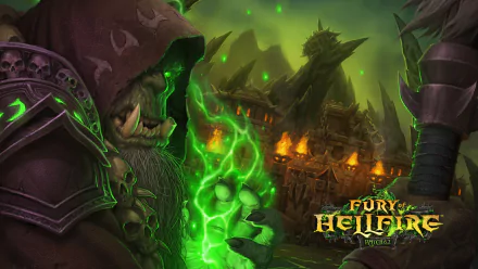 A dynamic HD wallpaper featuring Gul'dan from World of Warcraft: Warlords of Draenor, showcasing the ominous Hellfire Citadel with vibrant green energy.