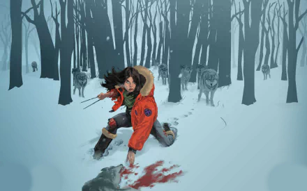 HD PC desktop wallpaper featuring X-23 in a snowy forest, crouched with claws extended and blood trailing in the snow, surrounded by wolves in a comic art style.