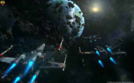 A stunning HD wallpaper depicting futuristic X-Wing starfighters navigating through an asteroid field, set against a vibrant planet and cosmic backdrop inspired by Star Wars.