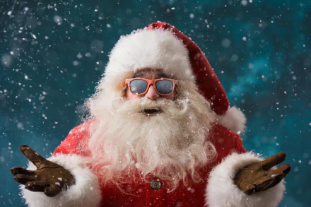 A cheerful Santa in sunglasses spreads holiday joy amidst falling snow, capturing the spirit of Christmas in this vibrant HD desktop wallpaper.