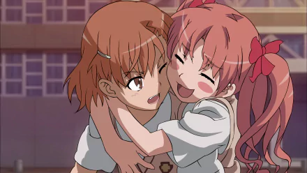 HD anime wallpaper featuring Mikoto Misaka and Kuroko Shirai in school uniforms with bows, blushing and smiling, from A Certain Magical Index.