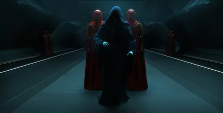 Emperor Palpatine stands menacingly in a dimly lit environment, flanked by the Emperor's Royal Guard, capturing the dark essence of the Star Wars sci-fi universe.