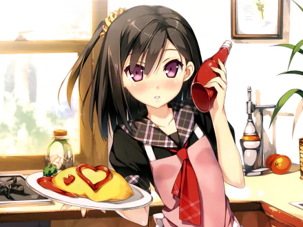 A girl in a kitchen holds a ketchup bottle, smiling shyly while presenting a heart-shaped omelette. This vibrant image is from the anime 5 Nenme no Houkago and is a 4K Ultra HD wallpaper.