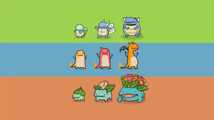 HD desktop wallpaper featuring adorable, simplified versions of the Pokémon Squirtle, Charmander, and Bulbasaur along with their evolutions against a colorful, divided background.