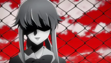 Yuno Gasai from the anime Mirai Nikki stands against a striking red background, her face partially obscured by shadow, creating a dramatic and intense atmosphere in this HD wallpaper.