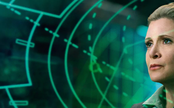 Carrie Fisher as Princess Leia Organa in Star Wars Episode VII: The Force Awakens, featuring a high-tech background and her determined expression, showcased in vibrant 4K Ultra HD.