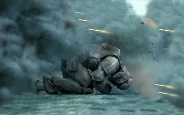 A stormtrooper lies on the ground amid chaos, surrounded by smoke and explosions, capturing the intense action of the Star Wars universe in this HD Sci-Fi wallpaper.