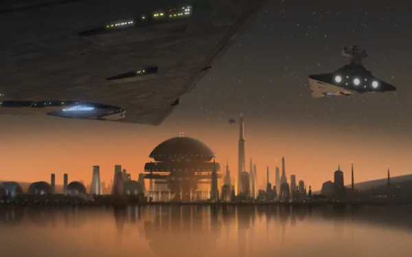 HD PC desktop wallpaper featuring a Star Wars Rebels scene with a futuristic cityscape at sunset and large Star Destroyers hovering above.