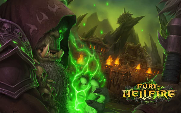 A dynamic HD wallpaper featuring Gul'dan from World of Warcraft: Warlords of Draenor, showcasing the ominous Hellfire Citadel with vibrant green energy.