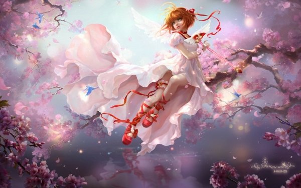 Fantasy Women Blossom Dress Sakura Wings Ribbon HD Wallpaper | Background Image
