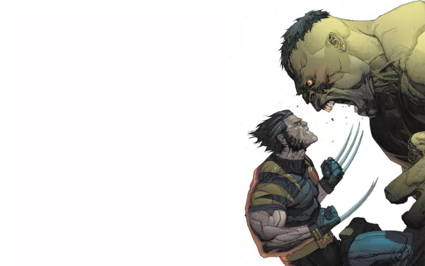 HD PC desktop wallpaper: comic showdown — Ultimate Wolverine vs. Hulk, Wolverine with claws extended facing a towering, snarling Hulk on a white backdrop.