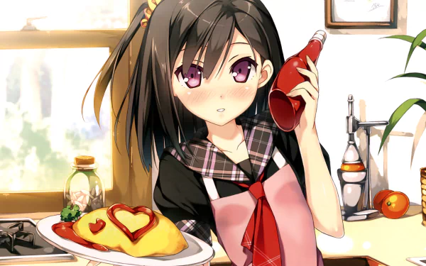A girl in a kitchen holds a ketchup bottle, smiling shyly while presenting a heart-shaped omelette. This vibrant image is from the anime 5 Nenme no Houkago and is a 4K Ultra HD wallpaper.
