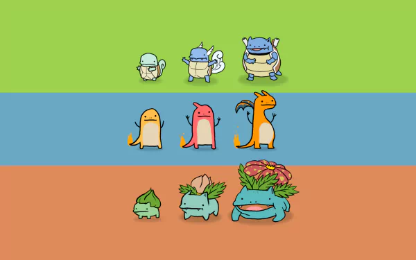 HD desktop wallpaper featuring adorable, simplified versions of the Pokémon Squirtle, Charmander, and Bulbasaur along with their evolutions against a colorful, divided background.