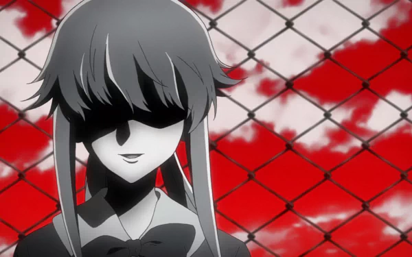 Yuno Gasai from the anime Mirai Nikki stands against a striking red background, her face partially obscured by shadow, creating a dramatic and intense atmosphere in this HD wallpaper.