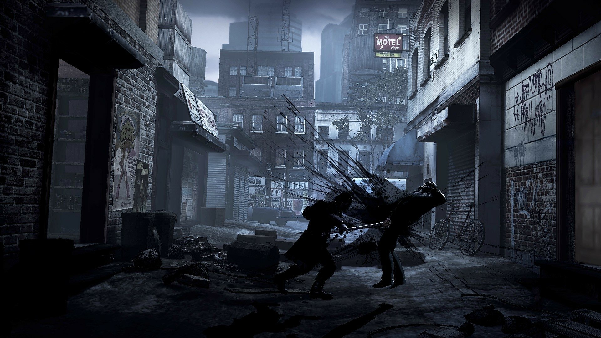 HD PC desktop wallpaper depicting a dark, post-apocalyptic urban scene from the video game Deadlight, featuring a shadowy figure fighting off a zombie in a ruined alley.