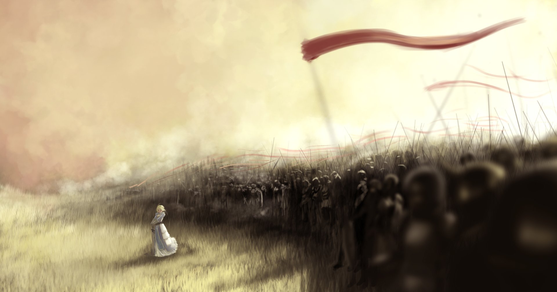 A woman warrior stands confidently amidst an army, embodying Saber from the Fate Series in this HD anime wallpaper, showcasing strength and resolve against a tumultuous backdrop.